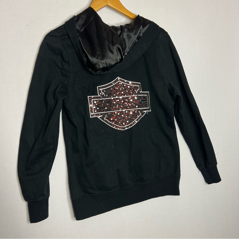 Harley Davidson Women’s Black Red Biker Sparkle Fleece Hoodie Sweater Size M - Picture 8 of 11
